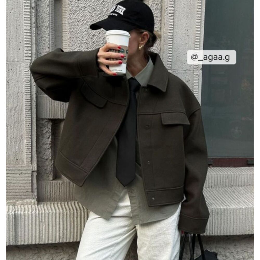 NA-KD Olive Green Cropped Wool Jacket